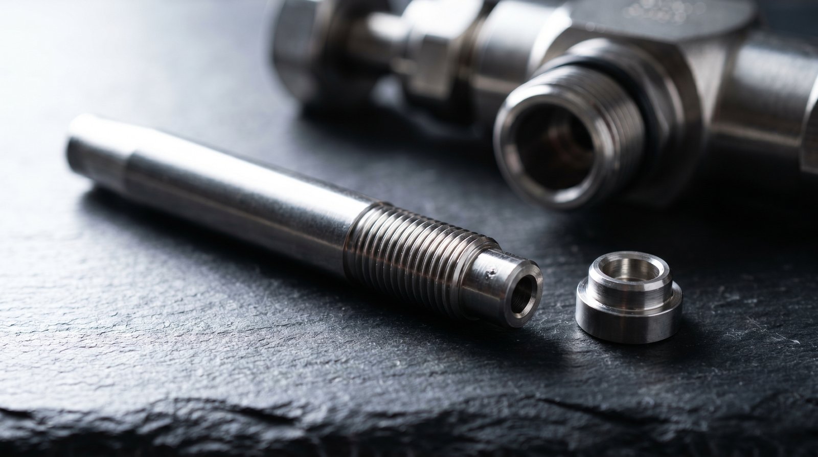 Macro view of a stainless steel needle valve with its tapered stem partially withdrawn, showing the seat geometry.