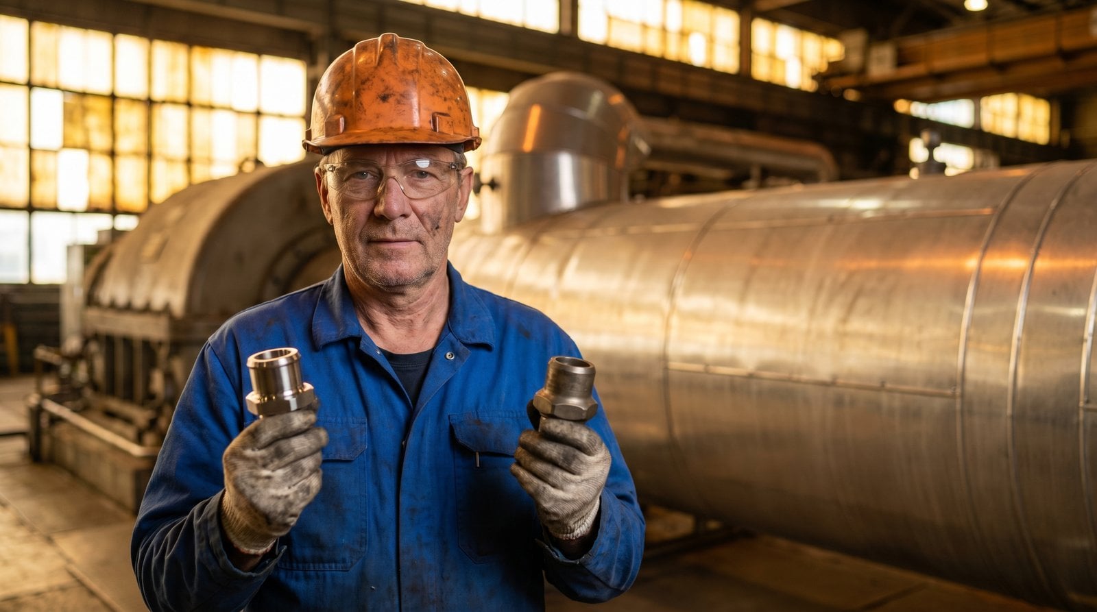 Steam turbine engineer comparing 316L and Inconel tube fittings near a main steam line.