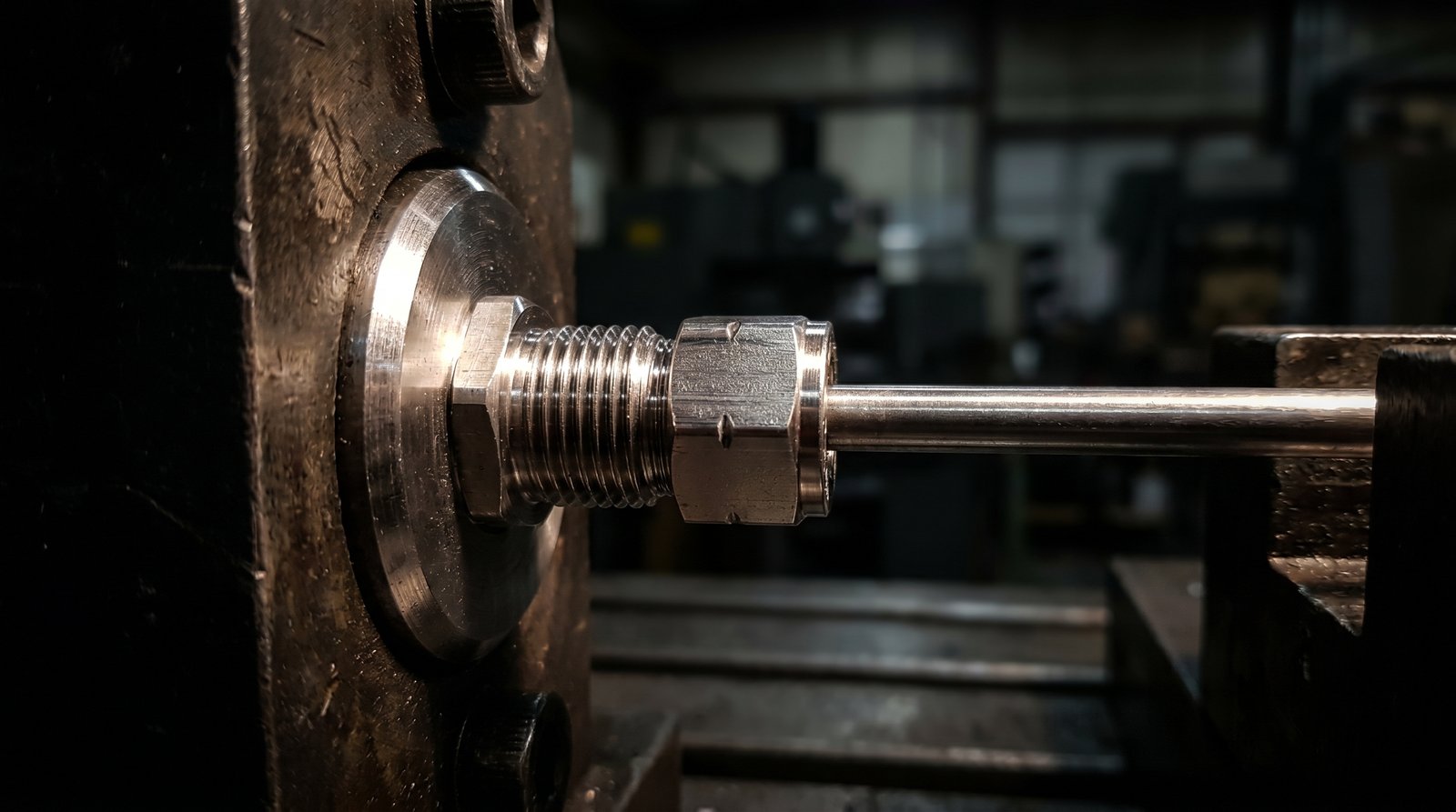 Close-up of an Inconel 625 tube fitting on a subsea control line assembly.