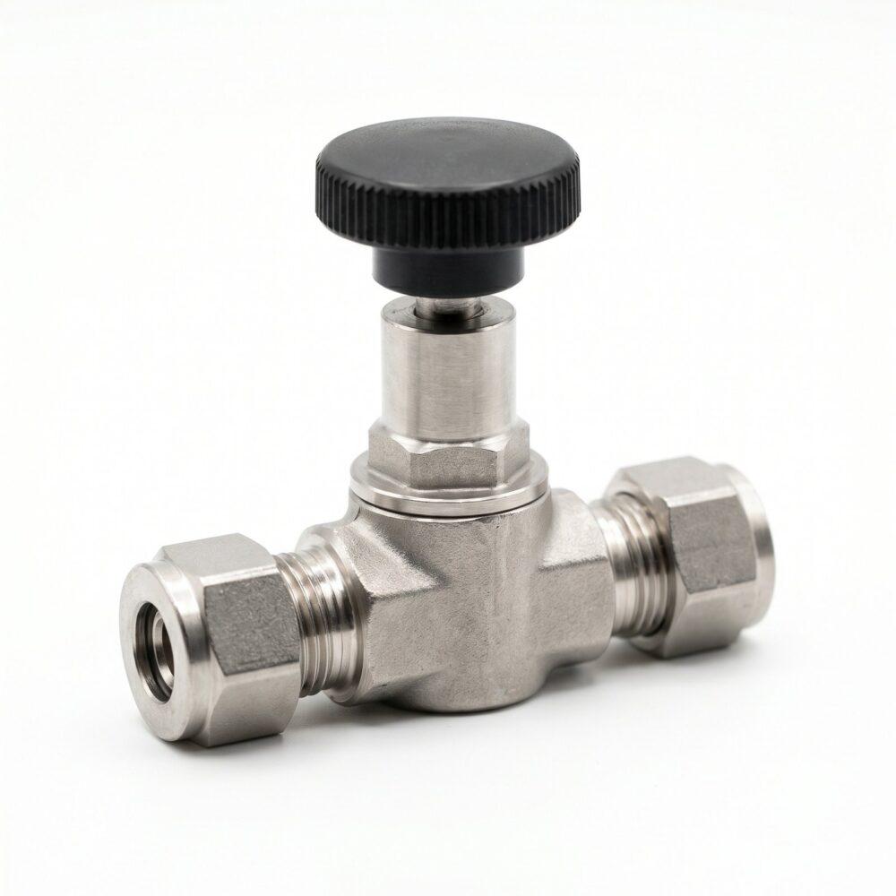 Swagelok SS-1VS8 316 stainless steel integral bonnet needle valve with black phenolic knob, 1/2 inch Swagelok tube fitting