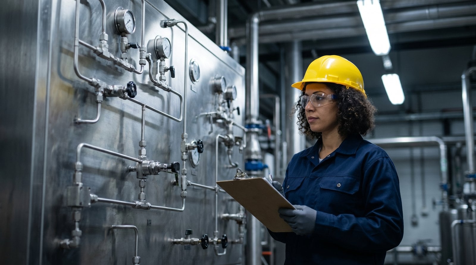 Process control engineer in front of an instrumentation panel populated with mixed-brand stainless tube fittings.