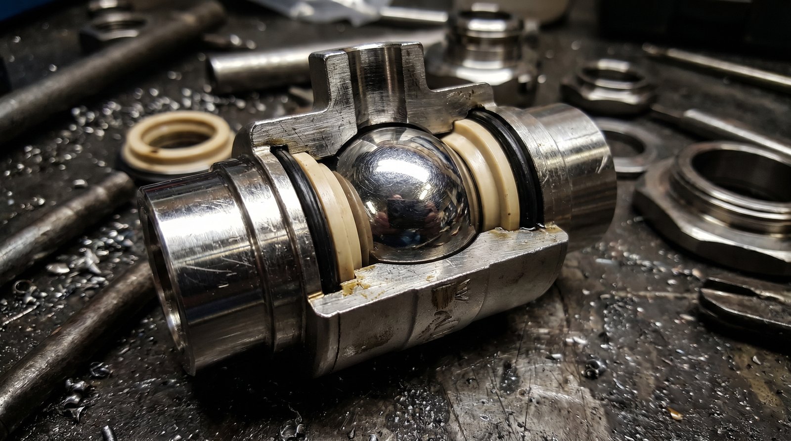 Macro view of a three-piece stainless steel ball valve partially disassembled showing seats and ball.