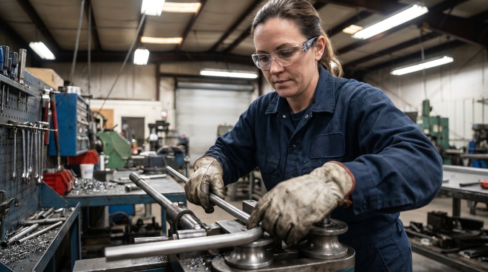 Tube bender applying a precise bend to a length of stainless steel instrumentation tubing.