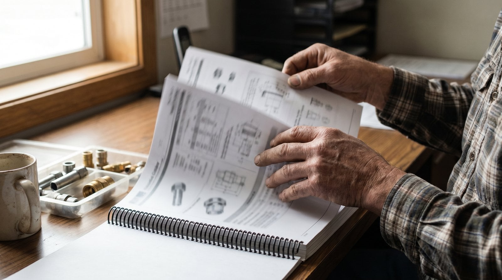 Engineer thumbing through a printed tube fitting catalog at a desk.