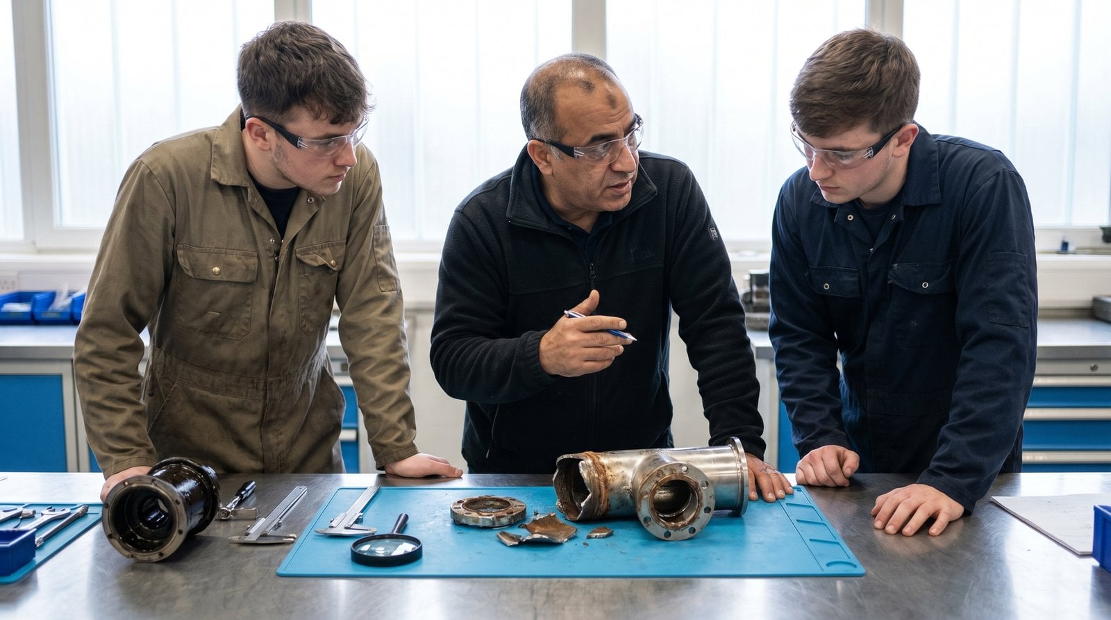 Tube Fitting Failure Oil Gas Root Cause Analysis Team Reliability engineer leading a root cause analysis on a failed oil-and-gas tube fitting.