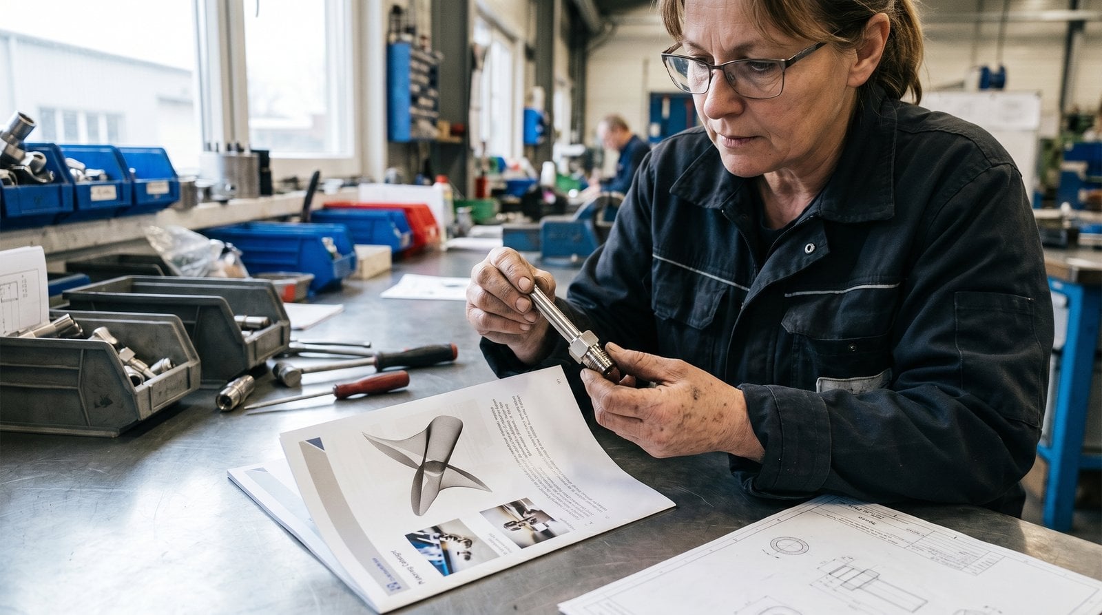Procurement specialist decoding a tube fitting part number against a catalog at a bench.