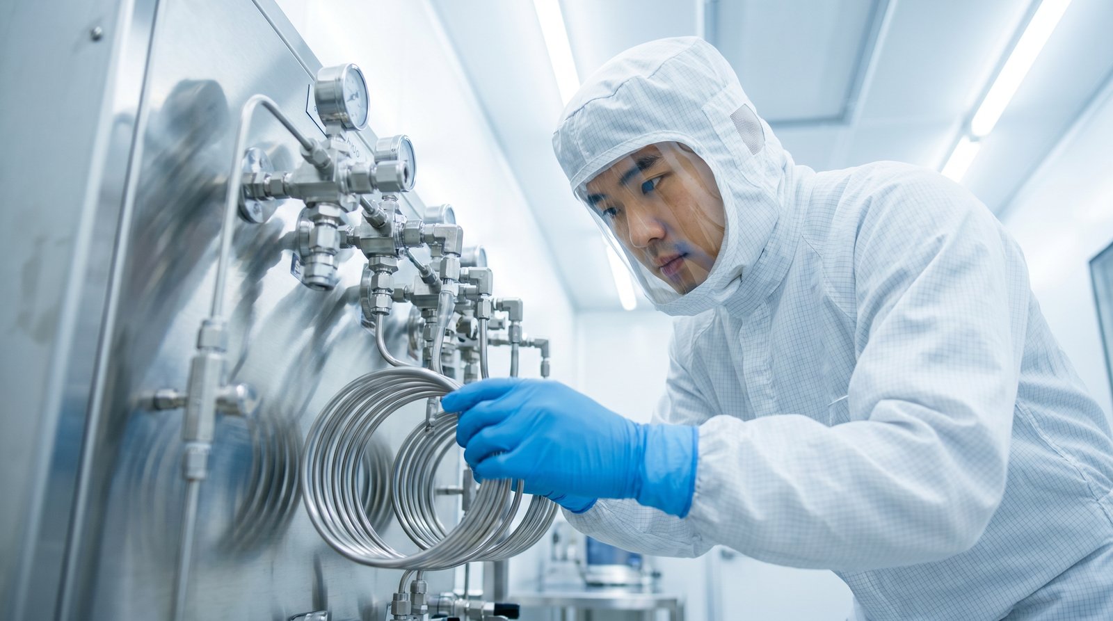 Semiconductor gas technician in cleanroom suit verifying VCR connections on an ultra-high-purity gas panel.