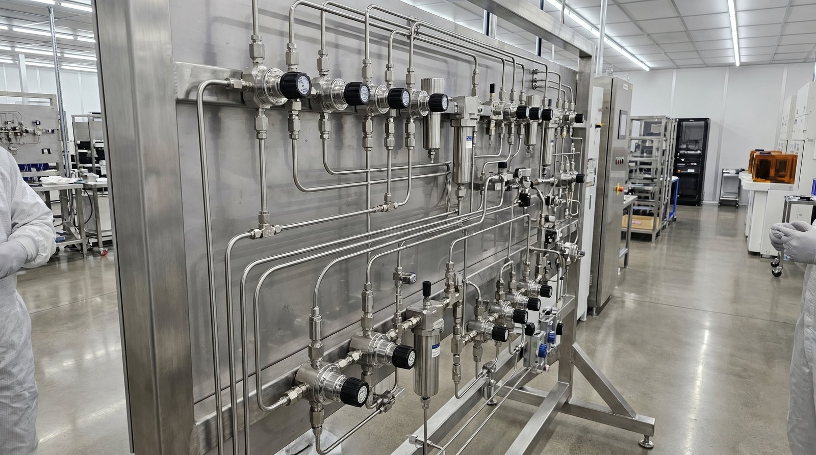 Ultra-high-purity gas distribution panel with electropolished stainless tubing and multiple VCR connections.