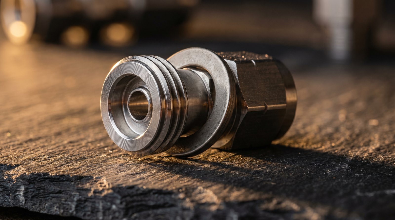 Macro view of a VCR fitting with a nickel gasket between two polished gland faces.