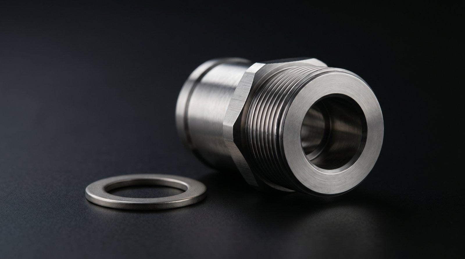 Isolated VCR fitting with nickel gasket against a clean studio background.
