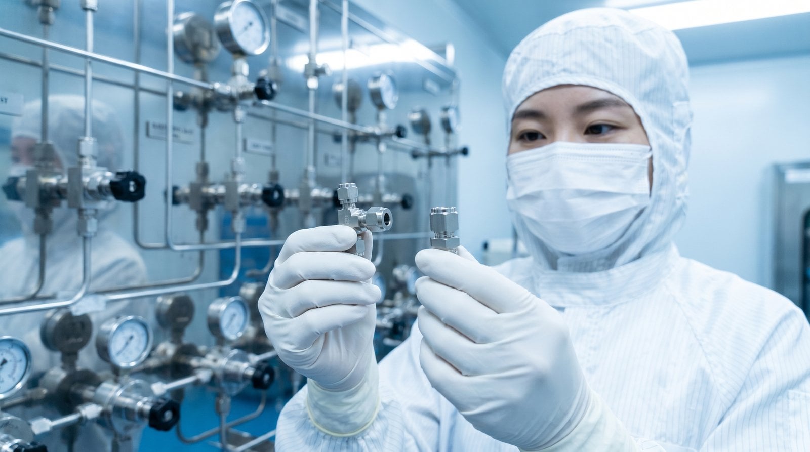 Semiconductor cleanroom engineer choosing between a VCR fitting and a VCO fitting at a gas panel.