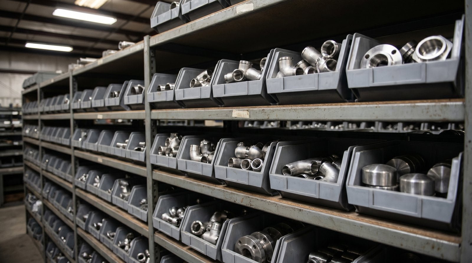 Warehouse bins of organized tube fittings sorted by part number group.