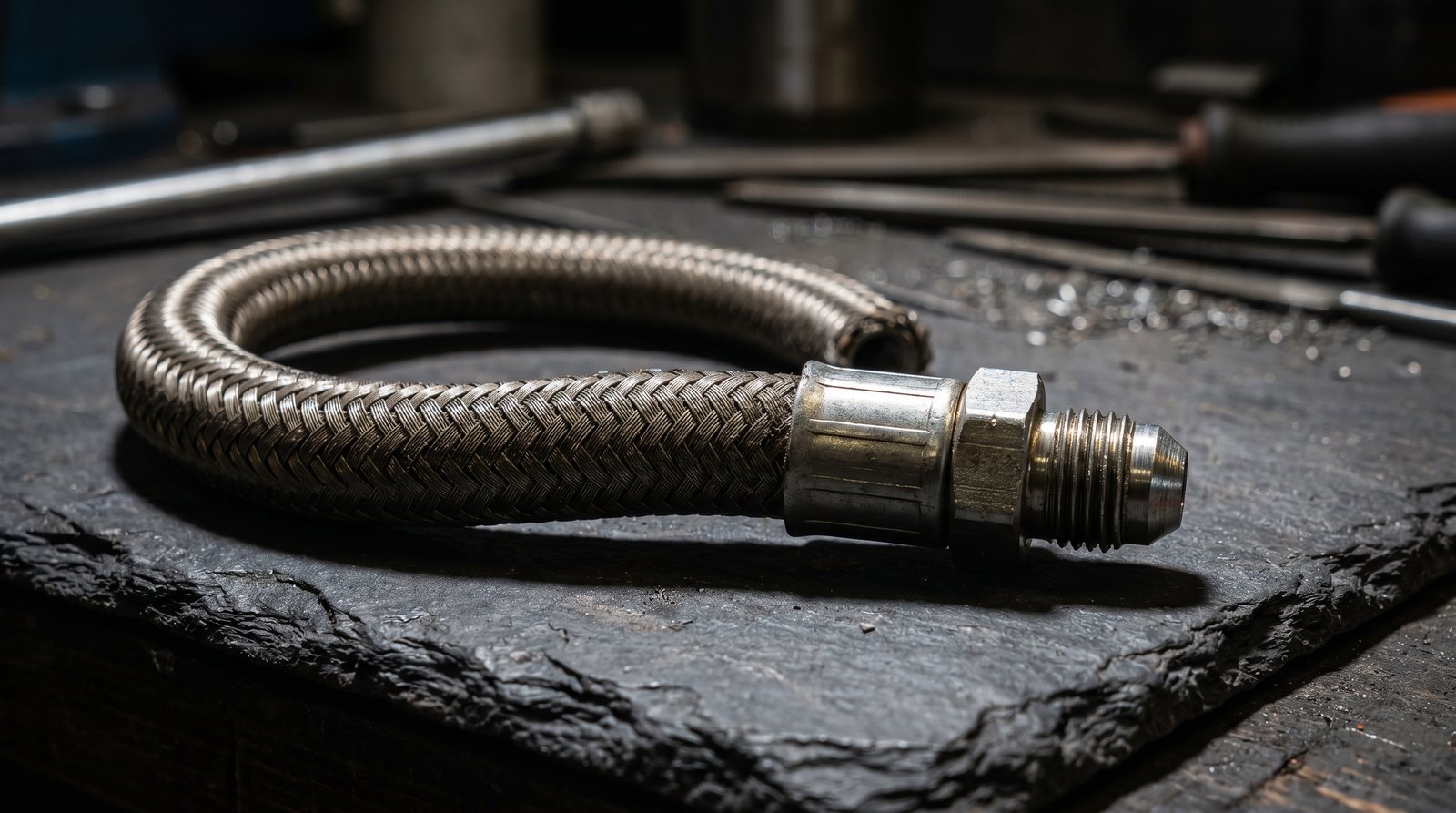 Macro view of a wire-braided hydraulic hose with a crimped JIC end fitting.