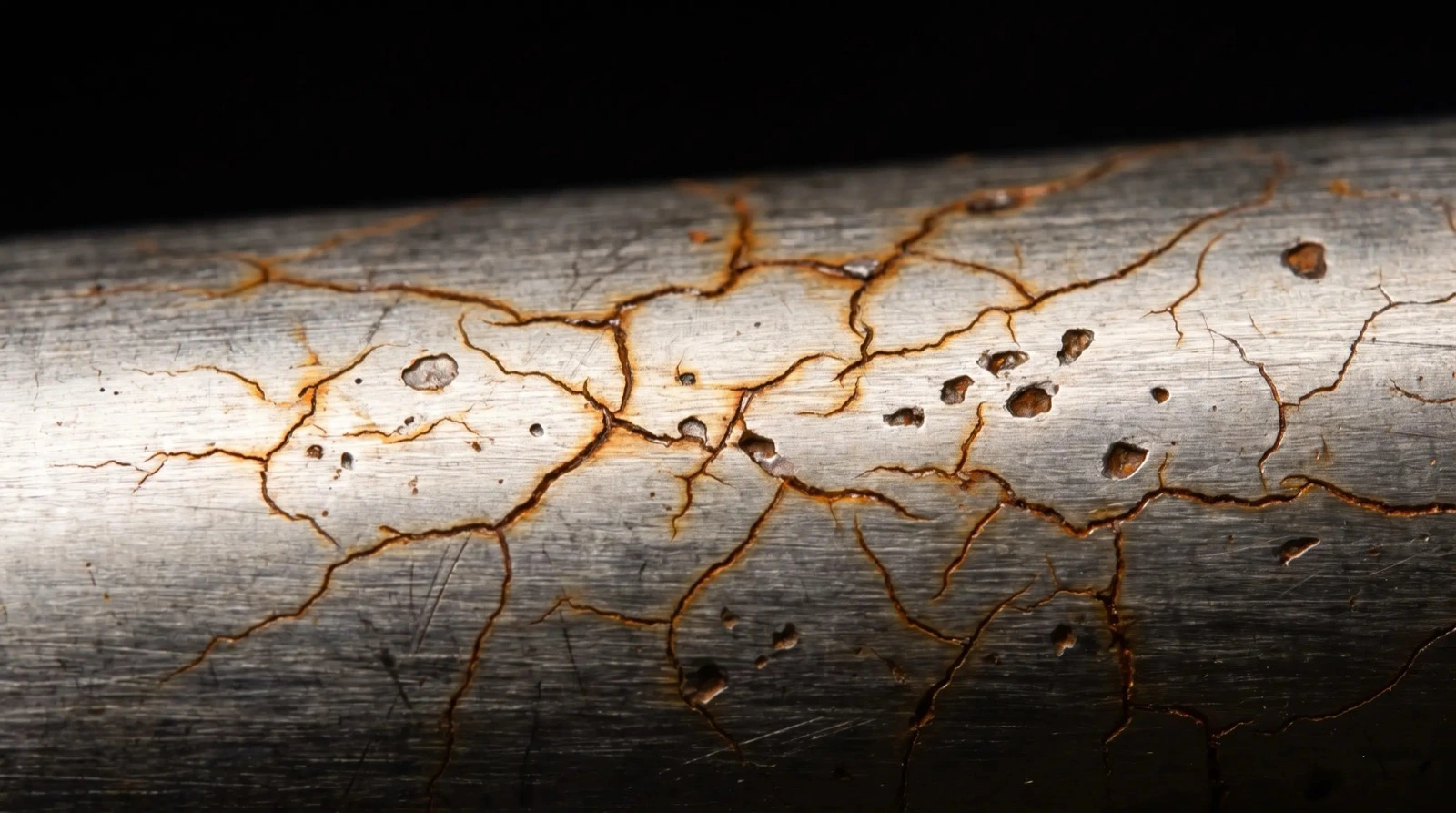 Stainless steel surface showing branching chloride stress corrosion cracks and pitting