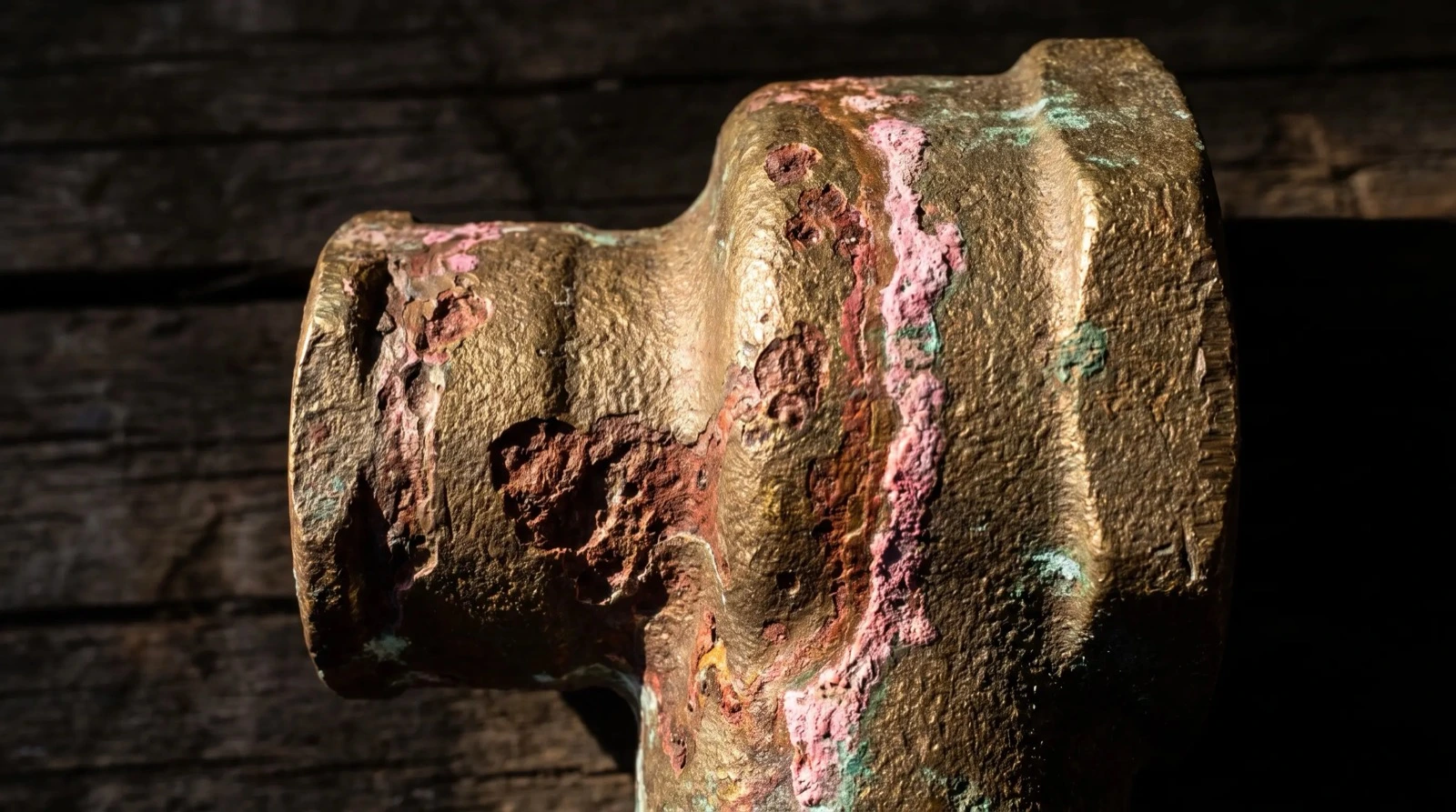 Aged brass fitting showing pink dezincification and surface pitting from corrosion