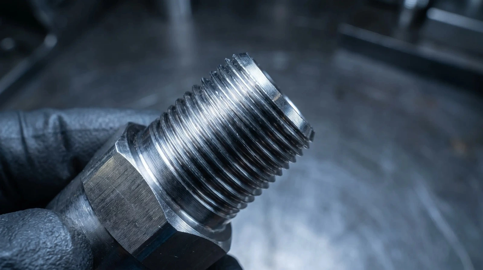 Macro of a tapered male NPT threaded end on a stainless high-pressure tube fitting