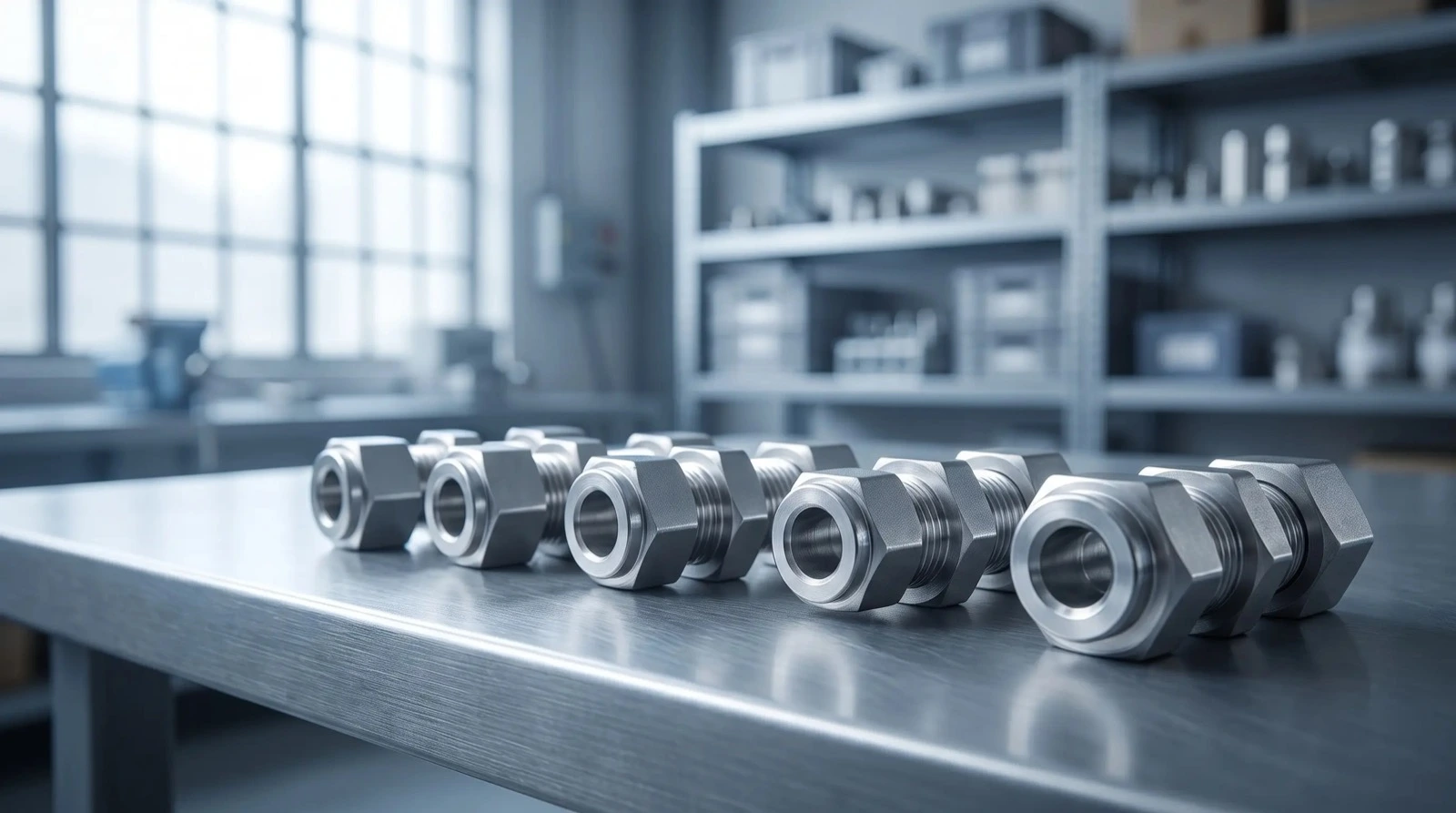 Row of 316 stainless steel high-pressure tube fittings on a workbench at an instrumentatio Home