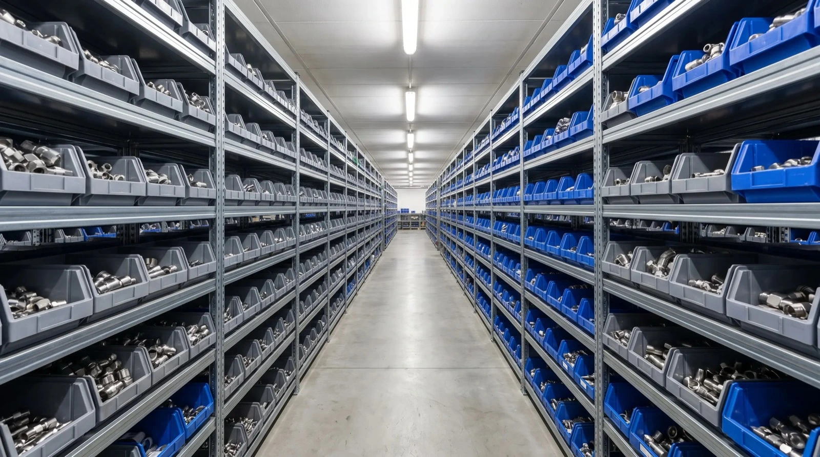 Warehouse aisle of stocked bins holding high-pressure tube fittings ready for same-day pickup