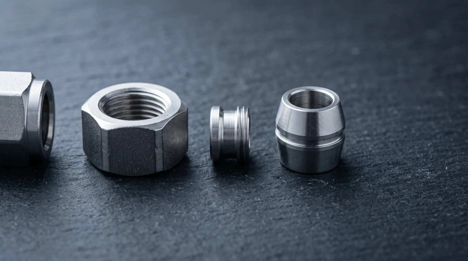 Disassembled stainless twin-ferrule high-pressure tube fitting showing nut, front ferrule and back ferrule