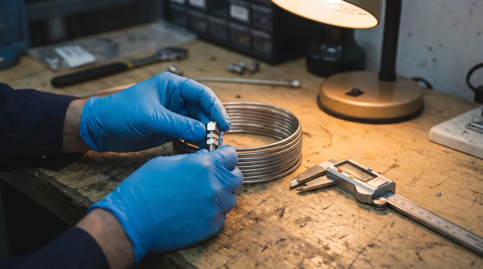 Technician checking a high-pressure tube fitting against stainless instrumentation tubing with calipers