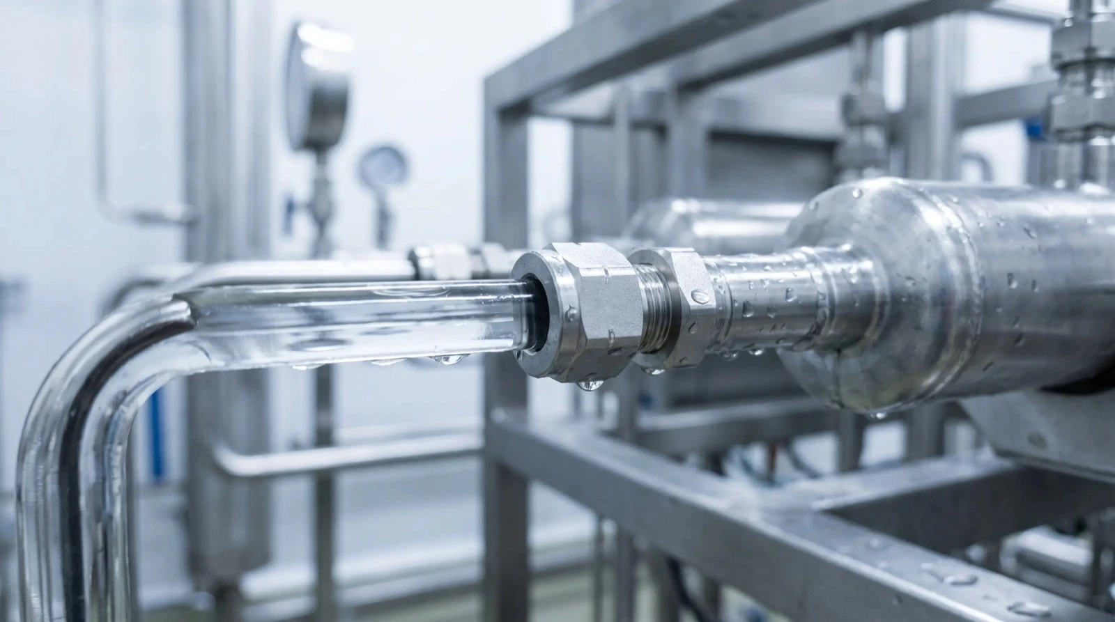 Stainless steel tube fitting on an industrial fluid system carrying clear process fluid
