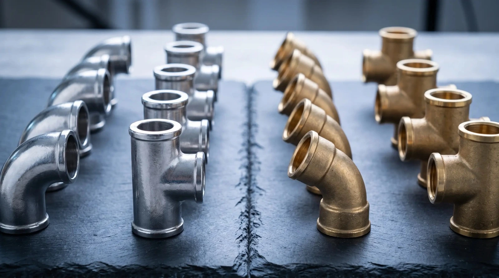 Stainless steel and brass tube fittings side by side showing the material colour differenc Home