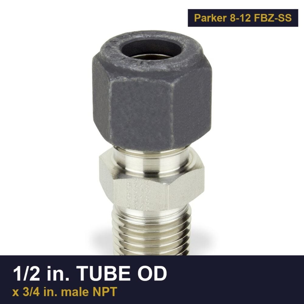 Parker 8-12 FBZ-SS CPI Single Ferrule Tube Fitting, 1/2 in. tube OD x 3/4 in. male NPT